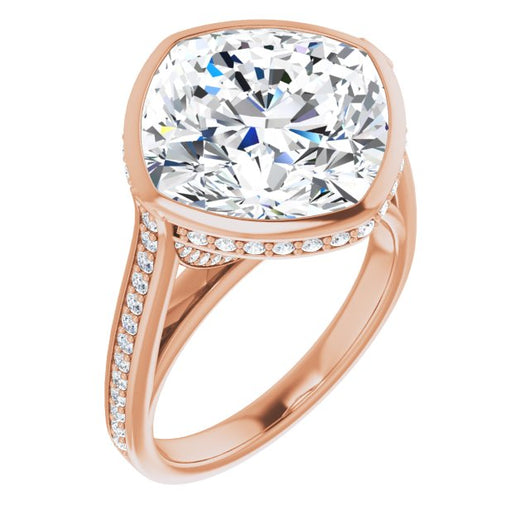 10K Rose Gold Customizable Cathedral-Bezel Cushion Cut Design with Under Halo and Shared Prong Band