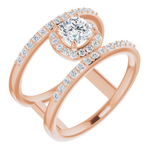 10K Rose Gold Customizable Cushion Cut Halo Design with Open, Ultrawide Harness Double Pavé Band