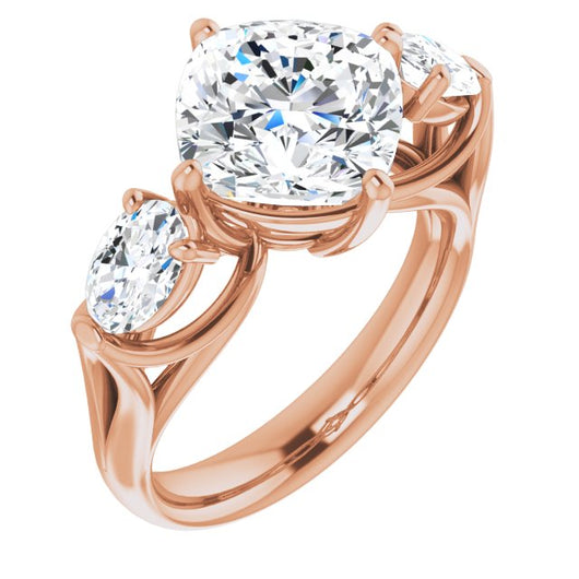 10K Rose Gold Customizable Cathedral-set 3-stone Cushion Cut Style with Dual Oval Cut Accents & Wide Split Band