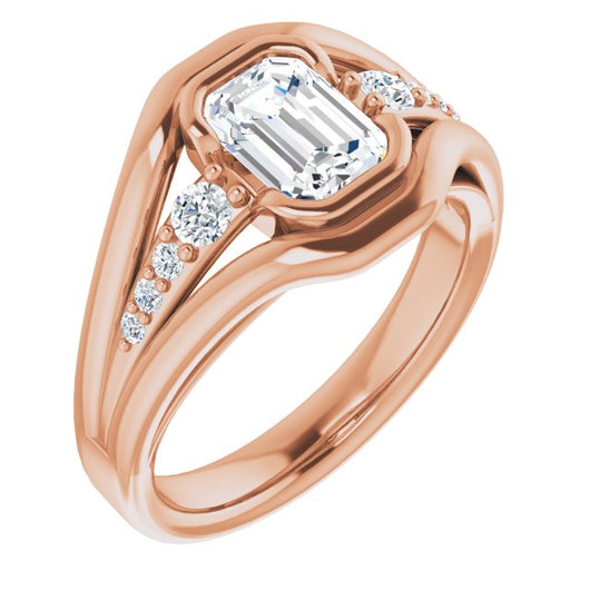 10K Rose Gold Customizable 9-stone Emerald/Radiant Cut Design with Bezel Center, Wide Band and Round Prong Side Stones