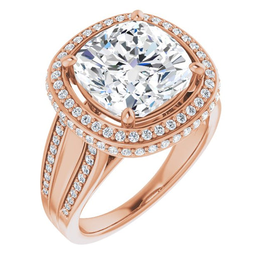 10K Rose Gold Customizable Halo-style Cushion Cut with Under-halo & Ultra-wide Band