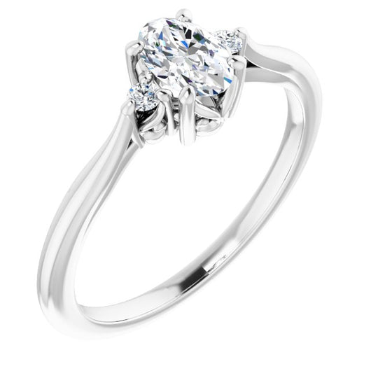 10K White Gold Customizable Three-stone Oval Cut Design with Small Round Accents and Vintage Trellis/Basket