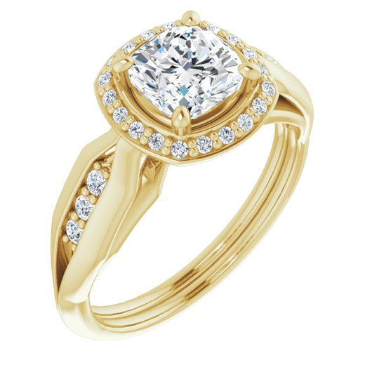 10K Yellow Gold Customizable Cathedral-raised Cushion Cut Design with Halo and Tri-Cluster Band Accents