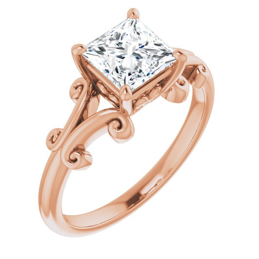 10K Rose Gold Customizable Princess/Square Cut Solitaire with Band Flourish and Decorative Trellis