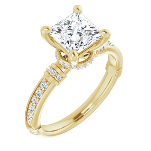 10K Yellow Gold Customizable Princess/Square Cut Style featuring Under-Halo, Shared Prong and Quad Horizontal Band Accents