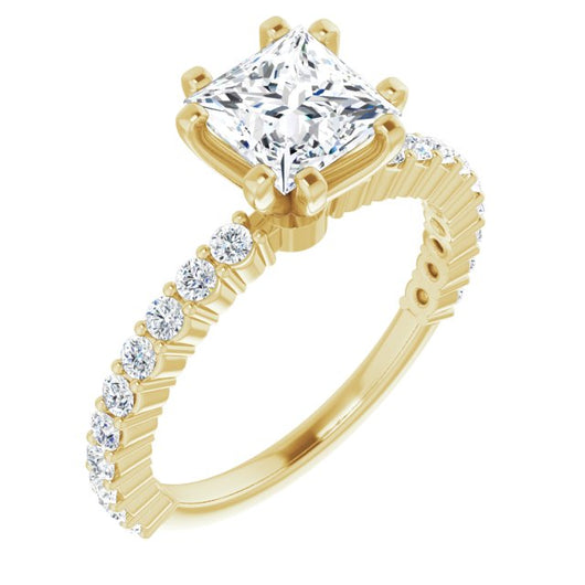 10K Yellow Gold Customizable 8-prong Princess/Square Cut Design with Thin, Stackable Pav? Band