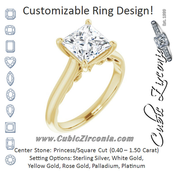 Cubic Zirconia Engagement Ring- The Adelaide (Customizable Princess/Square Cut Cathedral Solitaire with Two-Tone Option Decorative Trellis 'Down Under')