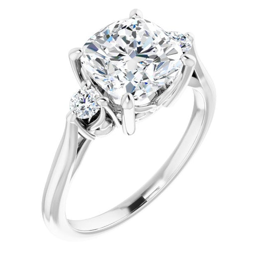 10K White Gold Customizable Three-stone Cushion Cut Design with Small Round Accents and Vintage Trellis/Basket