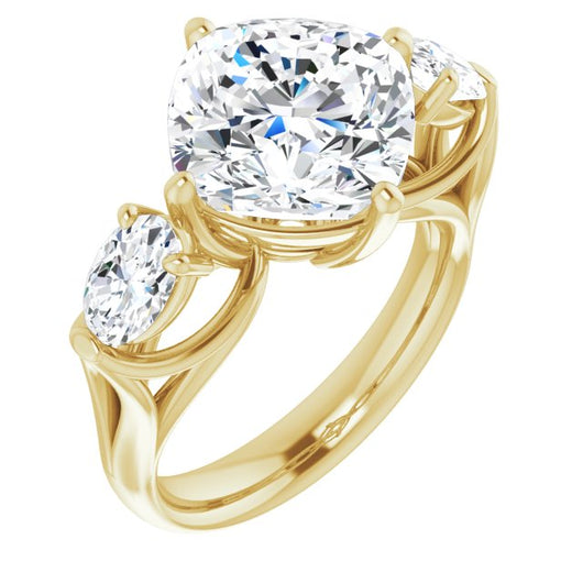 10K Yellow Gold Customizable Cathedral-set 3-stone Cushion Cut Style with Dual Oval Cut Accents & Wide Split Band