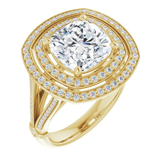 10K Yellow Gold Customizable Cathedral-set Cushion Cut Design with Double Halo, Wide Split-Shared Prong Band and Side Knuckle Accents