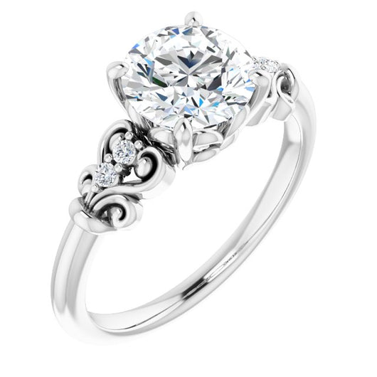 10K White Gold Customizable Vintage 5-stone Design with Round Cut Center and Artistic Band Décor