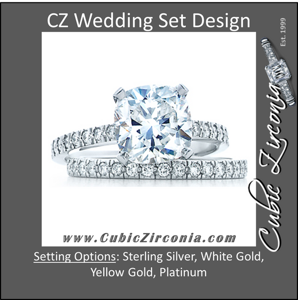 CZ Wedding Set, Style 1356 feat The Tien Engagement Ring (2 CT Cushion Cut with Pave Band)