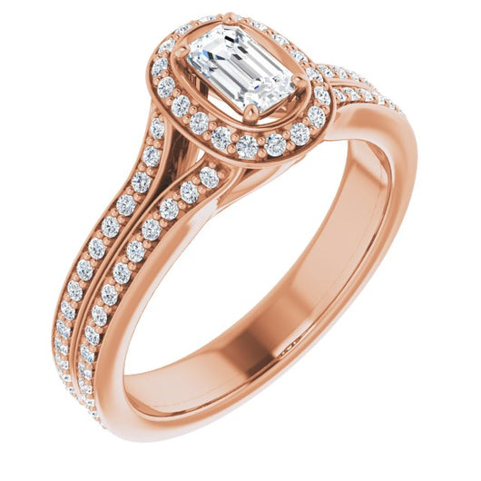 10K Rose Gold Customizable Cathedral-raised Emerald/Radiant Cut Setting with Halo and Shared Prong Band