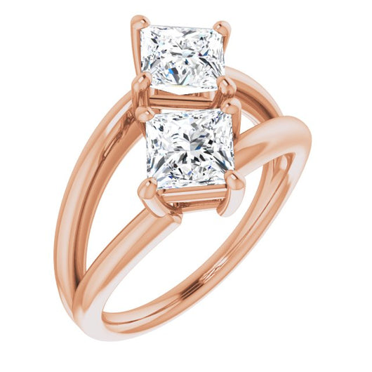 10K Rose Gold Customizable Two Stone Double Princess/Square Cut Design with Split Bypass Band