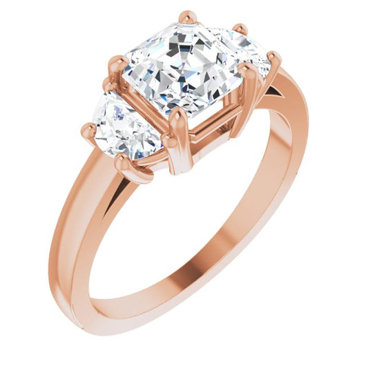 10K Rose Gold Customizable 3-stone Design with Asscher Cut Center and Half-moon Side Stones