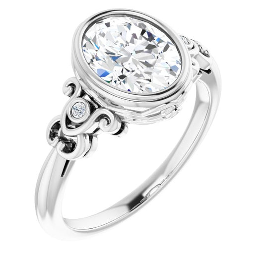 10K White Gold Customizable 5-stone Design with Oval Cut Center and Quad Round-Bezel Accents