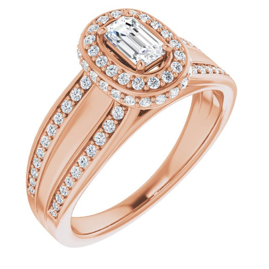 10K Rose Gold Customizable Halo-style Emerald/Radiant Cut with Under-halo & Ultra-wide Band