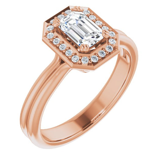 10K Rose Gold Customizable Emerald/Radiant Cut Style with Scooped Halo and Grooved Band