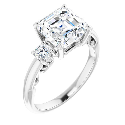 10K White Gold Customizable Asscher Cut 3-stone Style featuring Heart-Motif Band Enhancement