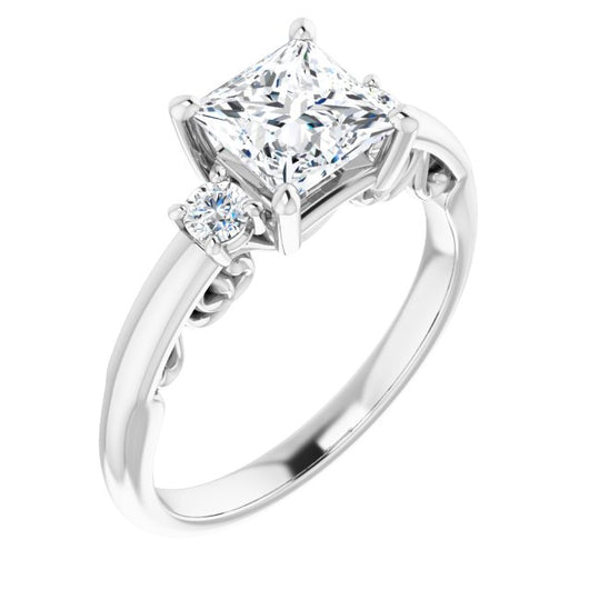 10K White Gold Customizable Princess/Square Cut 3-stone Style featuring Heart-Motif Band Enhancement