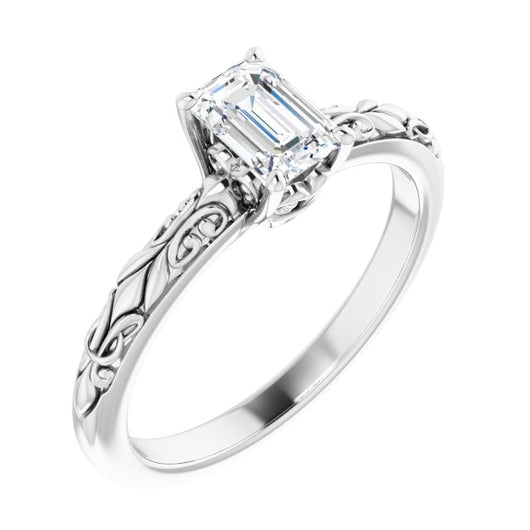 10K White Gold Customizable Emerald/Radiant Cut Solitaire featuring Delicate Metal Scrollwork