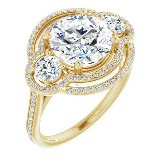 10K Yellow Gold Customizable Enhanced 3-stone Double-Halo Style with Round Cut Center and Thin Band