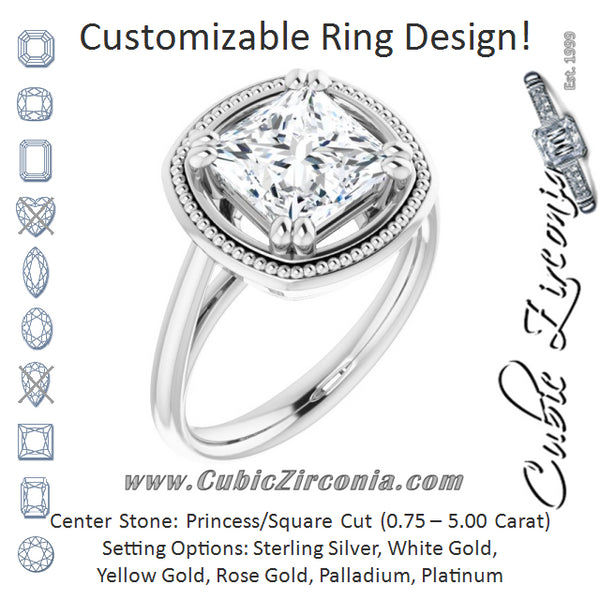 Cubic Zirconia Engagement Ring- The Eve (Customizable Princess/Square Cut Solitaire with Metallic Drops Halo Lookalike)