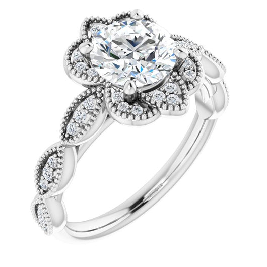 10K White Gold Customizable Cathedral-style Round Cut Design with Floral Segmented Halo & Milgrain+Accents Band