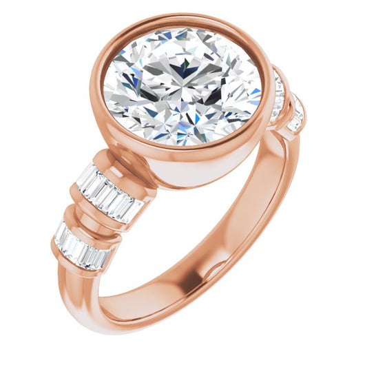 10K Rose Gold Customizable Bezel-set Round Cut Design with Quad Horizontal Band Sleeves of Baguette Accents