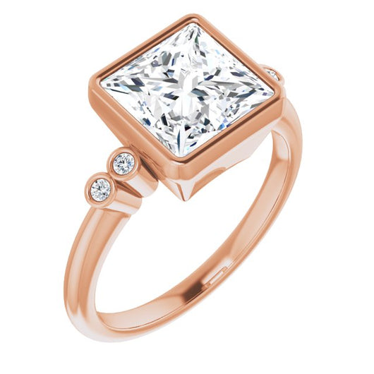 10K Rose Gold Customizable 5-stone Bezel-set Princess/Square Cut Design with Quad Round-Bezel Side Stones