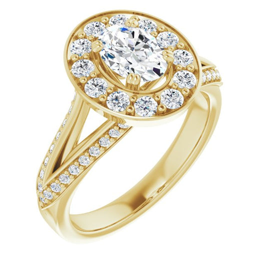 10K Yellow Gold Customizable Oval Cut Center with Large-Accented Halo and Split Shared Prong Band