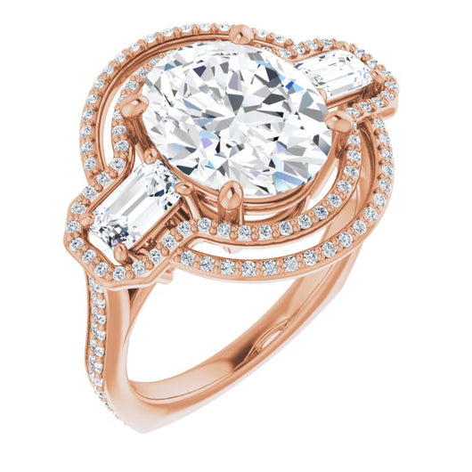 10K Rose Gold Customizable Enhanced 3-stone Style with Oval Cut Center, Emerald Cut Accents, Double Halo and Thin Shared Prong Band