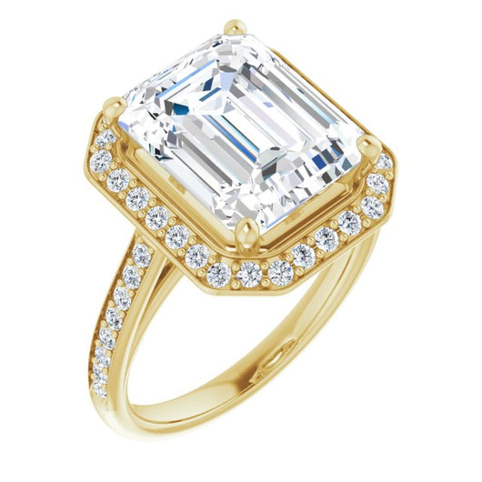 10K Yellow Gold Customizable Cathedral-raised Emerald/Radiant Cut Halo-and-Accented Band Design