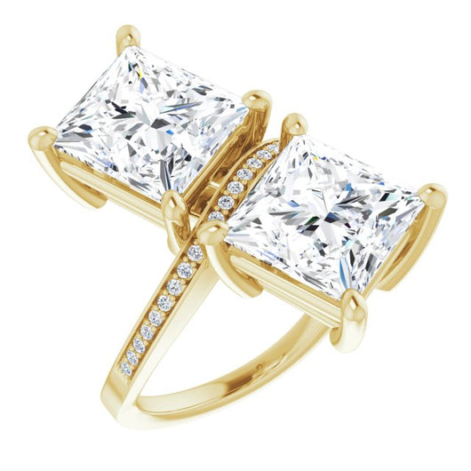 10K Yellow Gold Customizable 2-stone Princess/Square Cut Bypass Design with Thin Twisting Shared Prong Band