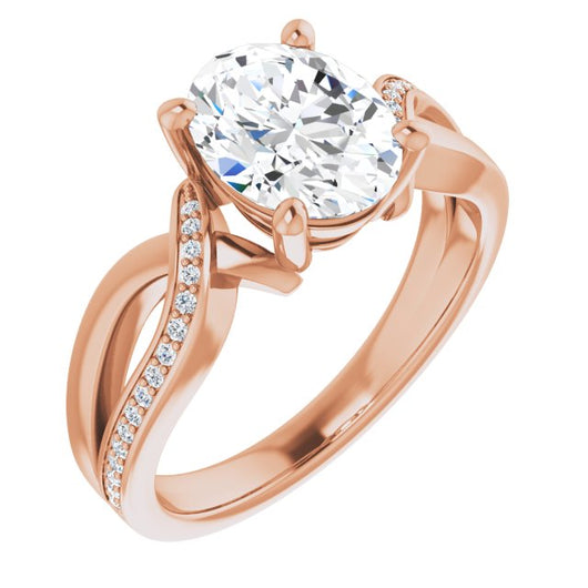 10K Rose Gold Customizable Oval Cut Center with Curving Split-Band featuring One Shared Prong Leg