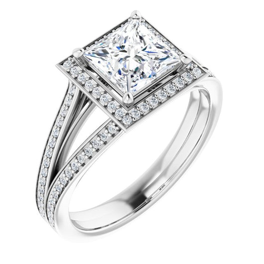 10K White Gold Customizable Princess/Square Cut Design with Split-Band Shared Prong & Halo