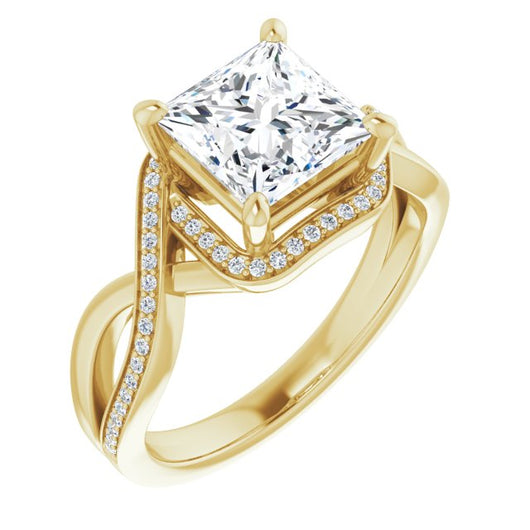 10K Yellow Gold Customizable Bypass-Halo-Accented Princess/Square Cut Center with Twisting Split Shared Prong Band