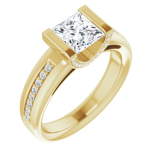 10K Yellow Gold Customizable Cathedral-Bar Princess/Square Cut Design featuring Shared Prong Band and Prong Accents