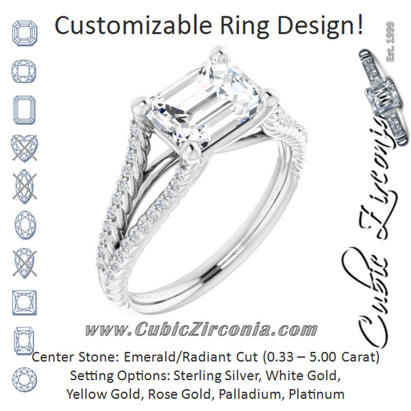 Cubic Zirconia Engagement Ring- The Contessa (Customizable Emerald Cut Style with Split Band and Rope-Pavé)