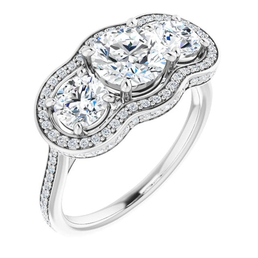 10K White Gold Customizable 3-stone Round Cut Design with Multi-Halo Enhancement and 150+-stone Pavé Band