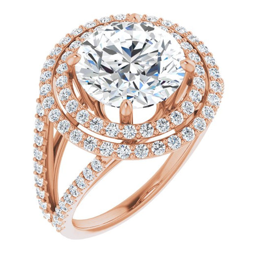 10K Rose Gold Customizable Round Cut Design with Double Halo and Wide Split-Pavé Band