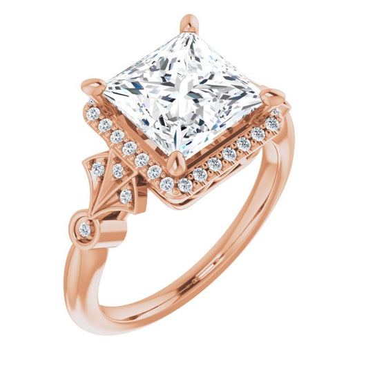 10K Rose Gold Customizable Cathedral-Crown Princess/Square Cut Design with Halo and Scalloped Side Stones