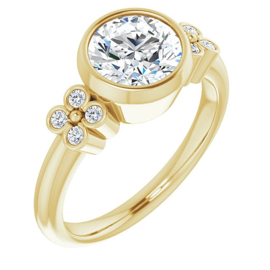 10K Yellow Gold Customizable 9-stone Bezel-set Round Cut Design with Quad Round Bezel Side Stones Each Side