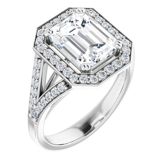 10K White Gold Customizable Cathedral-set Emerald/Radiant Cut Style with Accented Split Band and Halo