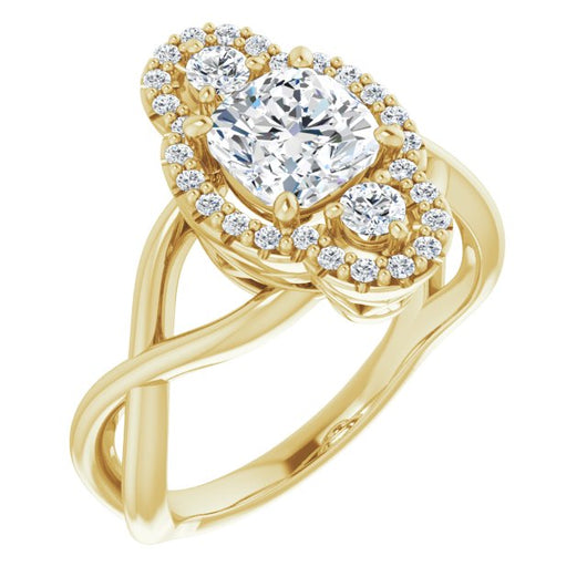 10K Yellow Gold Customizable Vertical 3-stone Cushion Cut Design Enhanced with Multi-Halo Accents and Twisted Band