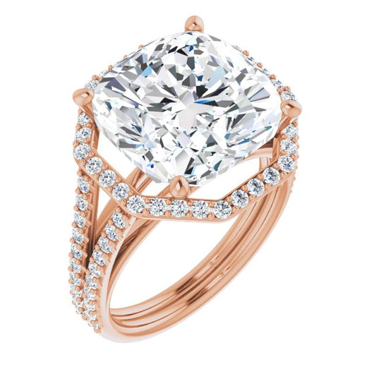 10K Rose Gold Customizable Cathedral Cushion Cut Design with Geometric Halo & Split Pavé Band