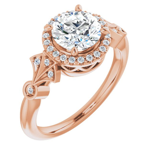 10K Rose Gold Customizable Cathedral-Crown Round Cut Design with Halo and Scalloped Side Stones