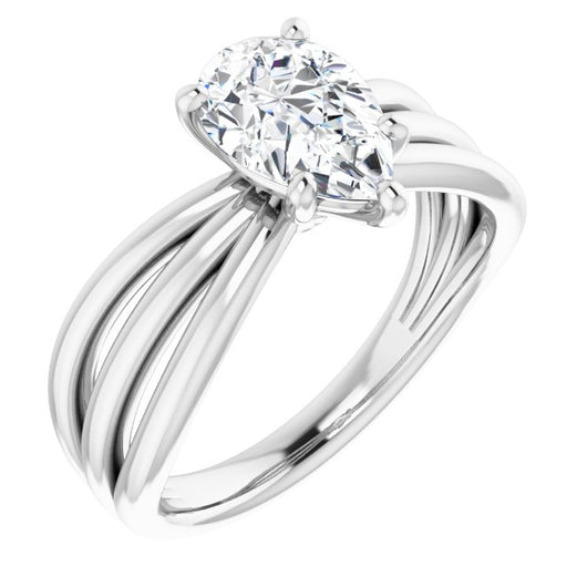 10K White Gold Customizable Pear Cut Solitaire Design with Wide, Ribboned Split-band