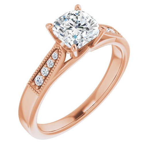 10K Rose Gold Customizable 9-stone Vintage Design with Cushion Cut Center and Round Band Accents