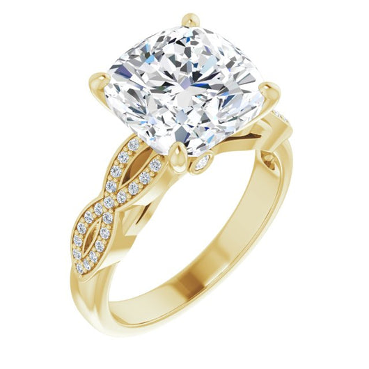 10K Yellow Gold Customizable Cushion Cut Design featuring Infinity Pavé Band and Round-Bezel Peekaboos